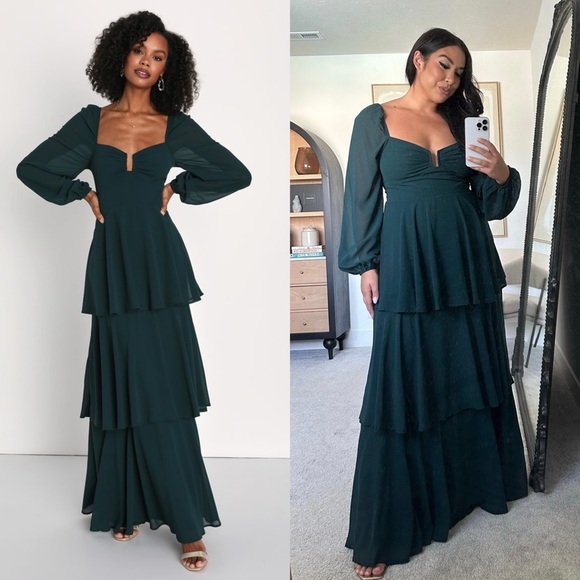 NWT LULUS Emerald Chiffon Puff Long Sleeve Sweetheart Neck Tier Ruffle Gown M - Picture 1 of 5